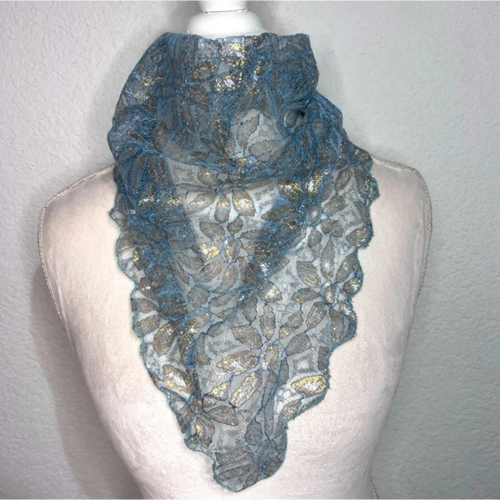 Vintage Blue Silver & Gold Lace Scalloped Edge Kerchief Scarf Ascot Unisex